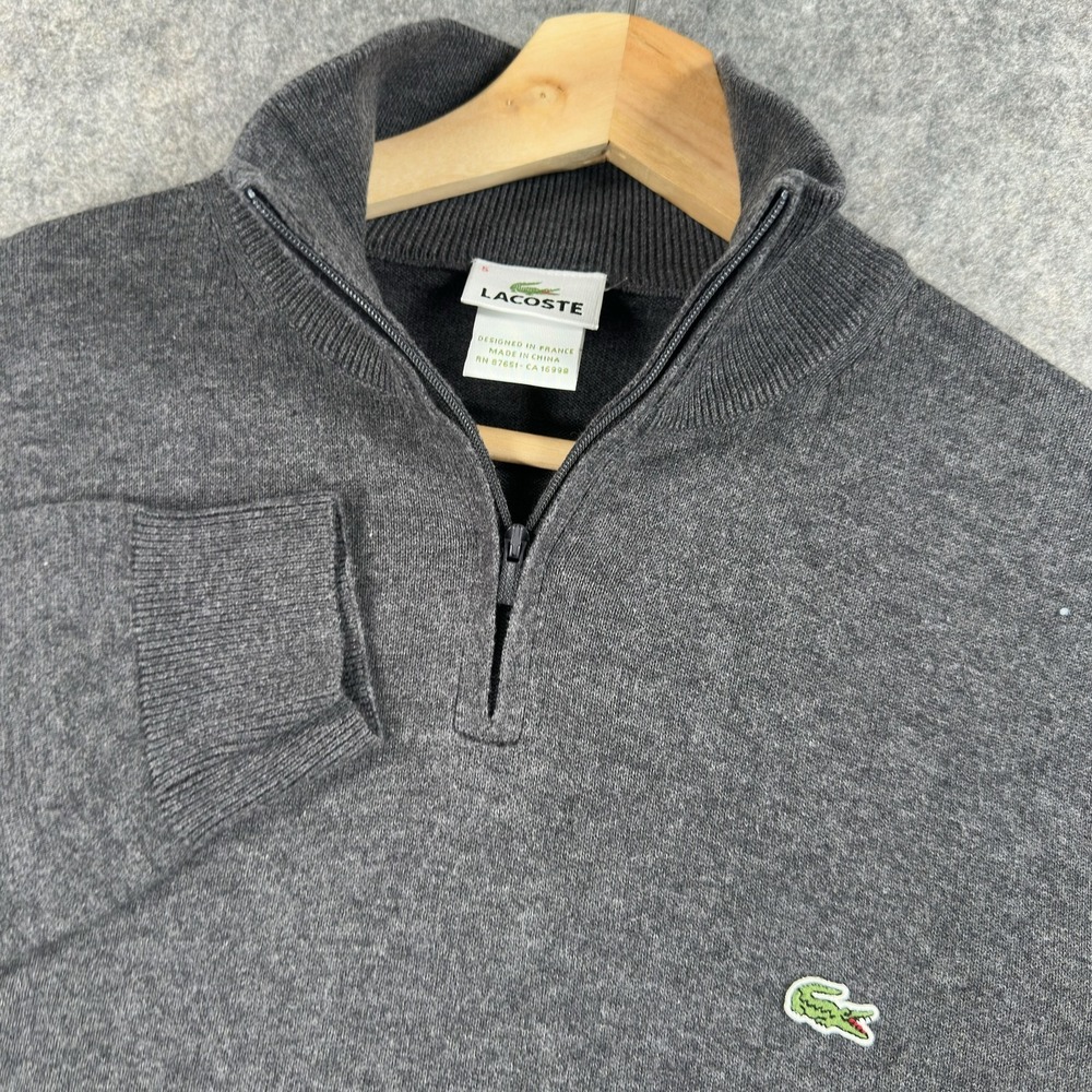 Lacoste Sweater Mens Large Gray 100% Cotton 1/4 Zip Mock Neck Logo Knit Pullover